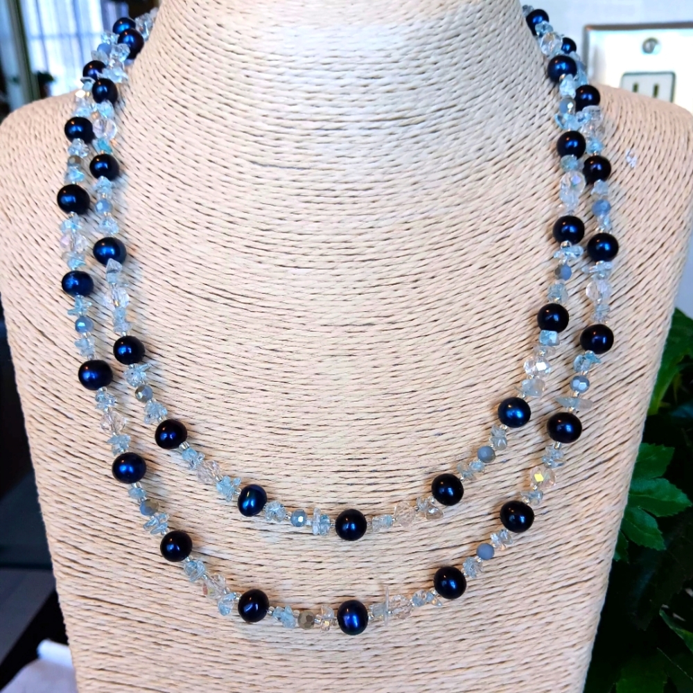 Gemstones, Pearls, Crystals Necklace hand made in USA, LONG, New